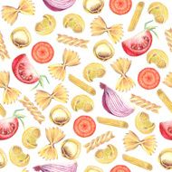 Hand-drawn italian pasta and vegetable slice seamless pattern