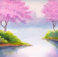 Spring landscape watercolor Flowering trees over river