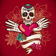 Skull Hearts and Flowers Vector Illustration