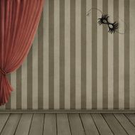 Room with vintage wallpaper curtains and mask