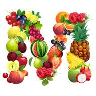 Letter M composed of different fruits with leaves