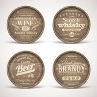 Set of wooden casks with alcohol drinks emblems