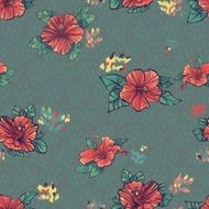 Seamless pattern with green red hibiscus flowers N2