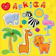Set of buttons cartoon animals and word AFRICA for chilfren N2