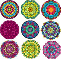 Set of 9 colorful round ornaments kaleidoscope floral patterns