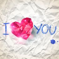 Pink origami heart on crumpled paper backdrop with shadow