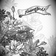 Vintage monochrome floral background with birds