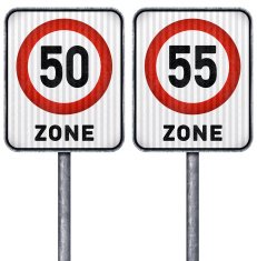 Two rectangular speed limit zone 50 and 55 road signs