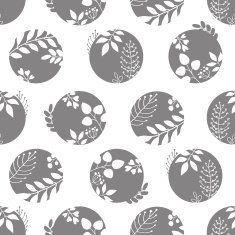 Seamless pattern of polka dots with leaves - gray color