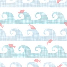 Abstract textile fish among waves seamless pattern background N2