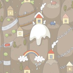 Seamless pattern with cartoon houses on hills N4