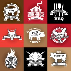 Assorted barbecue beef chicken and pork labels on textured background N2