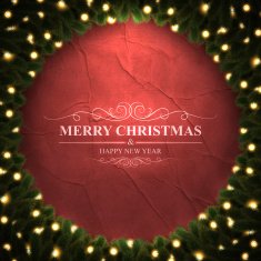 Merry Christmas lettering on crumpled paper with bright wreath