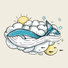 Romantic Whale Swimming in Clouds Retro Design N2