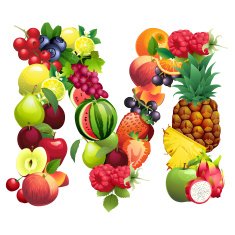 Letter M composed of different fruits with leaves