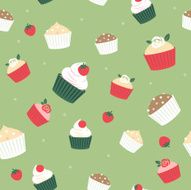Seamless cupcakes and berries background - green back with strawberries N2