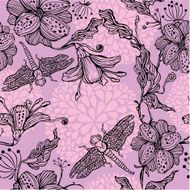 Seamless Floral Pattern With hand-drawn flowers and dragonflies