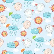 Funny holiday seamless background Elephants and clouds
