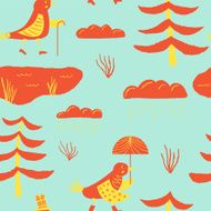 Colorful birds walk in the woods Vector seamless pattern