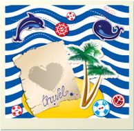 Card - dolphin whale island with palms on stripe background