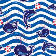 Seamless sea pattern with dolphins whales on stripe background