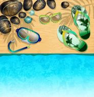 Flip-flops Mask for Diving sunglasses and stones on beach
