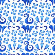 Watercolor floral seamless pattern blue flowers and waves N2