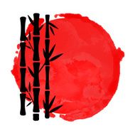Watercolor red circle paint stain bamboo trees silhouettes N2