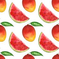 Watercolor seamless pattern with fruits mango watermelons leafs