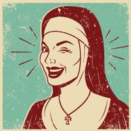 Retro Screen Print of a Smiling Nun N3