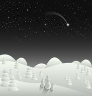 Winter Christmas card landscape with falling star