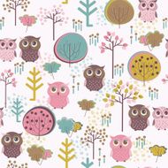 Cute colorful seamless pattern with owl and trees N2