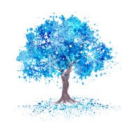 Winter tree with blue abstract leaves and snowflakes