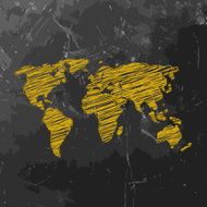 World Map yellow sketched on dark chalkboard background