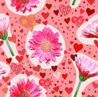 Cheerful holiday seamless pattern with gerberas and small hearts