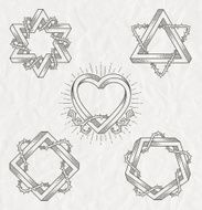 Line art symbols with impossible shape and thorns branches