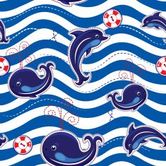 Seamless sea pattern with dolphins whales on stripe background