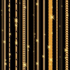 Glowing golden chains with sparks on black background Seamless pattern N2
