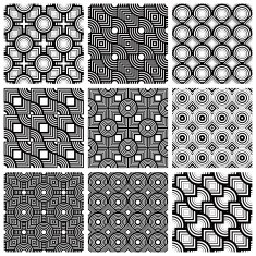 Squares and circles black white geometric seamless patterns