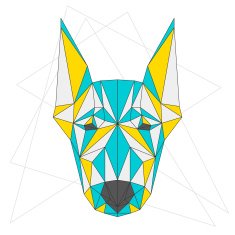 Abstract blue yellow and grey blended polygonal triangle geometric doberman