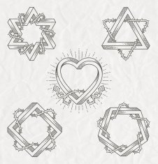 Line art symbols with impossible shape and thorns branches