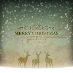 Merry Christmas lettering with snow and reindeers on vintage background