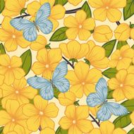 Beautiful seamless background with branches of flowering trees and butterflies N3
