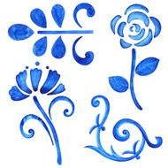 Watercolor blue floral design elements set