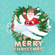 Waving Santa Claus on the plane iside Christmas wreath