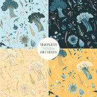 four seamless spring patterns with plants birds and butterflies