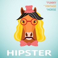 Portrait of funny vintage hipster horse with mustache red glass N2