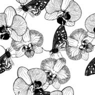 Vector seamless pattern with orchid flowers and butterflies