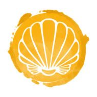 Watercolor orange circle paint stain and sea shell
