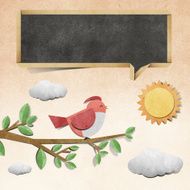 bird recycled papercraft stick on grunge paper background N2